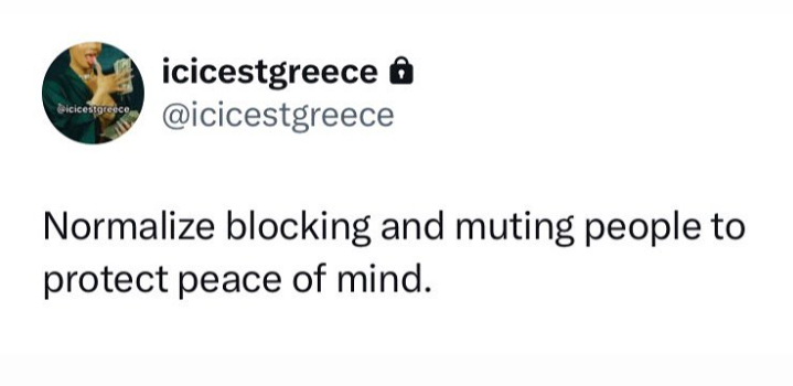 icicestgreece Bicicestgreece @icicestgreece Normalize blocking and muting people to protect peace of mind.