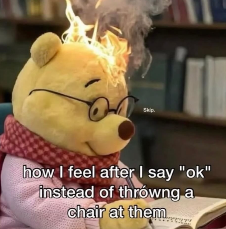 Skip. how I feel after I say "ok" instead of throwng a chair at them