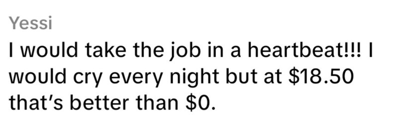 Yessi I would take the job in a heartbeat!!! | would cry every night but at $18.50 that's better than $0.