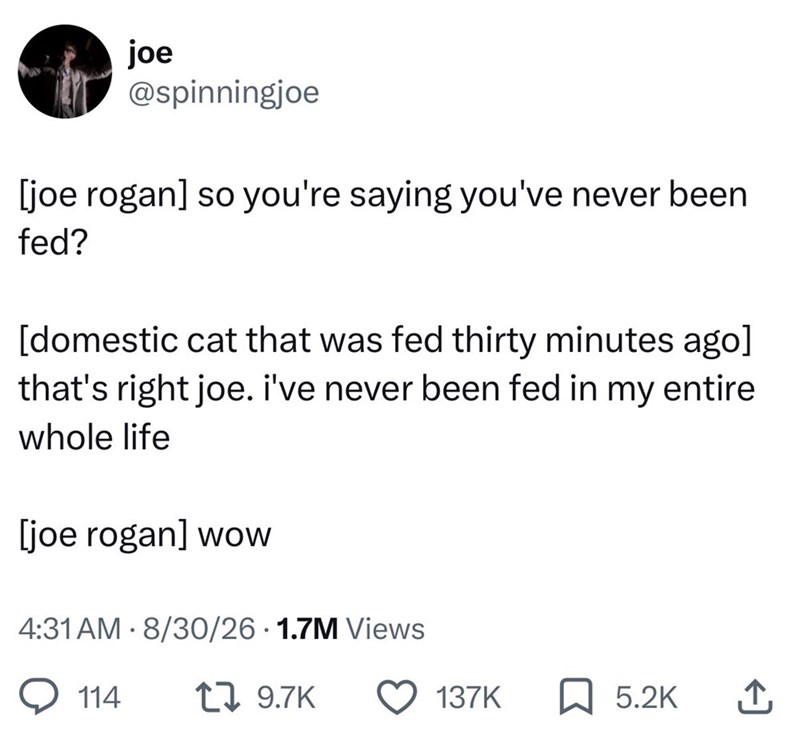 joe @spinningjoe [joe rogan] so you're saying you've never been fed? [domestic cat that was fed thirty minutes ago] that's right joe. i've never been fed in my entire whole life [joe rogan] wow 4:31 AM 8/30/26 1.7M Views . 114 17 9.7K 137K ☐ 5.2K ↑