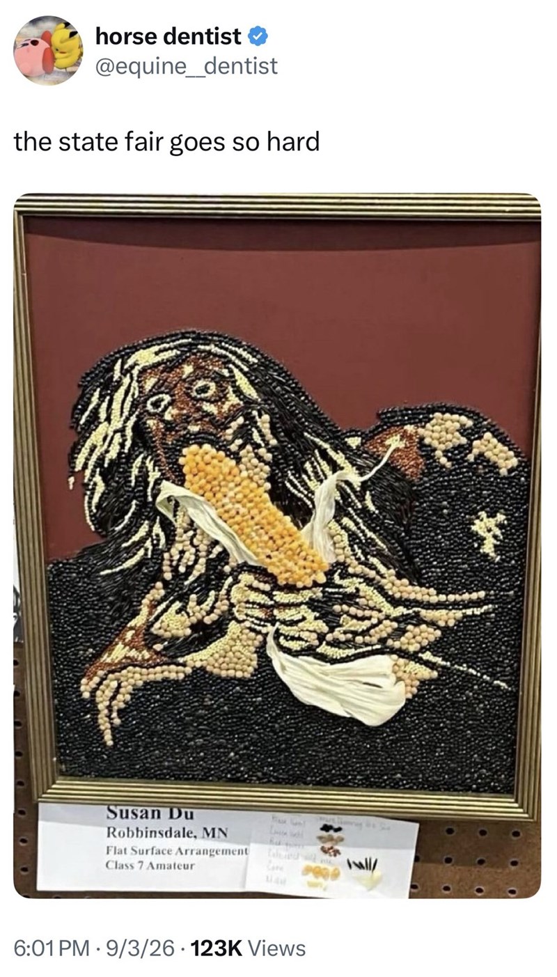 horse dentist ✪ @equine_dentist the state fair goes so hard Susan Du Robbinsdale, MN Flat Surface Arrangement Class 7 Amateur 533 114 6:01 PM 9/3/26 123K Views