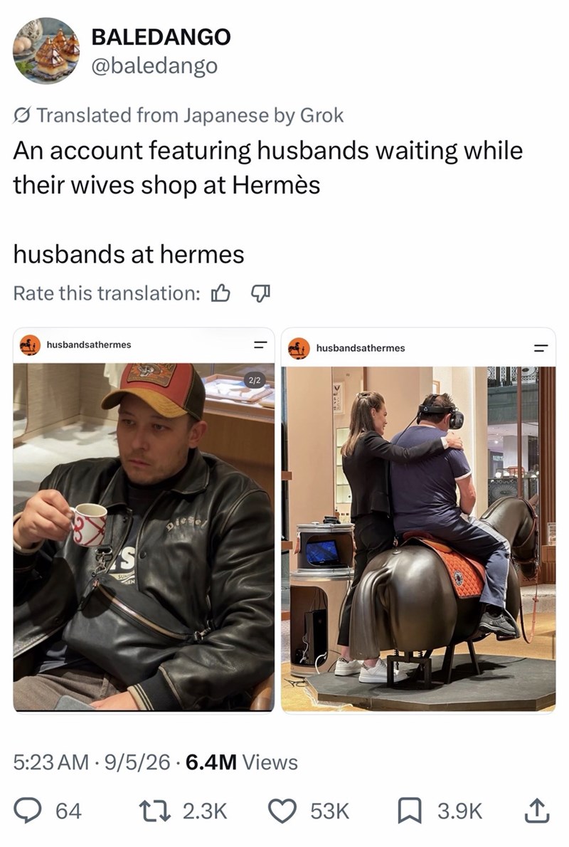 BALEDANGO @baledango Translated from Japanese by Grok An account featuring husbands waiting while their wives shop at Hermès husbands at hermes Rate this translation: B husbandsathermes S = husbandsathermes 2/2 . 5:23 AM 9/5/26 6.4M Views 64 12.3K BELELY 53K 3.9K 企