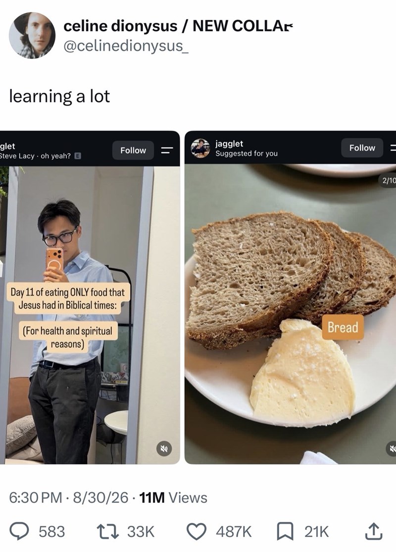 celine dionysus / NEW COLLA @celinedionysus_ learning a lot glet Steve Lacy oh yeah? E Day 11 of eating ONLY food that Jesus had in Biblical times: I (For health and spiritual reasons) Follow R || 6:30 PM 8/30/26 11M Views 583 1 33K jagglet Suggested for you Follow = Bread 487K ☐ 21K ↑ 2/10