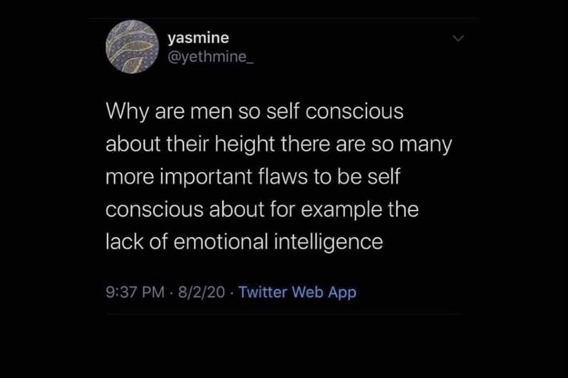 yasmine @yethmine_ Why are men so self conscious about their height there are so many more important flaws to be self conscious about for example the lack of emotional intelligence . 9:37 PM 8/2/20 - Twitter Web App