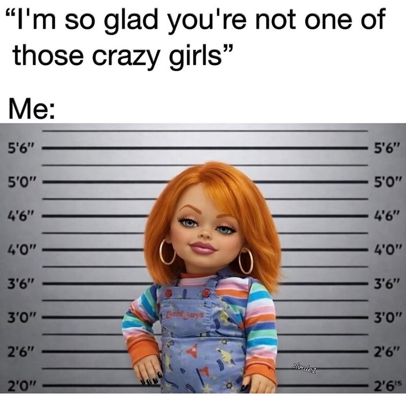 "I'm so glad you're not one of those crazy girls" Me: 5'6" 5'0" 4'6" 4'0" 3'6" 3'0" Good Guys 2'6" 2'0" 5'6" 5'0" 4'6" 4'0" 3'6" 3'0" 2'6" elvale1 2'6's
