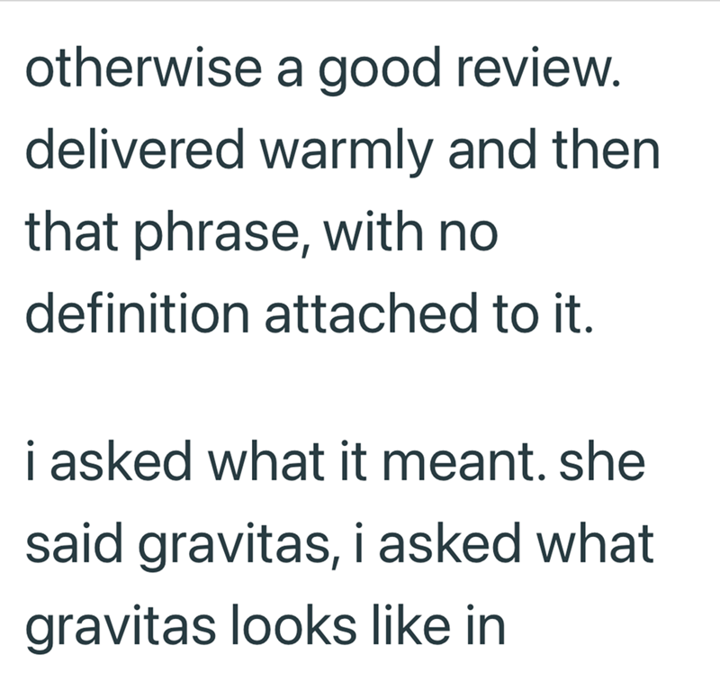 otherwise a good review. delivered warmly and then that phrase, with no definition attached to it. i asked what it meant. she said gravitas, i asked what gravitas looks like in