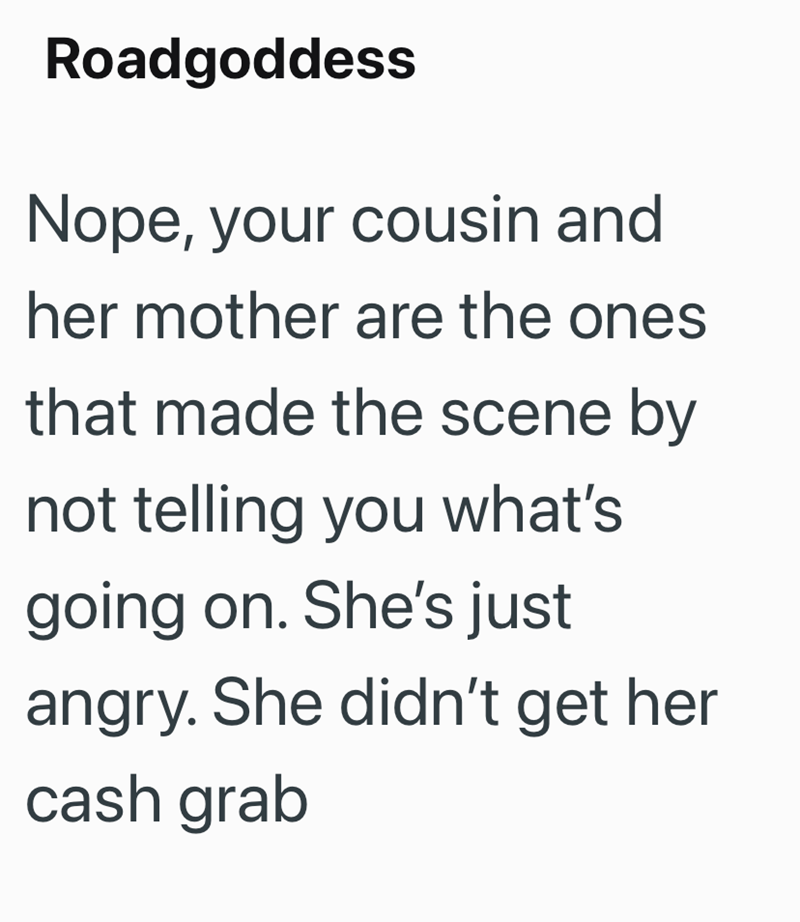 Roadgoddess Nope, your cousin and her mother are the ones that made the scene by not telling you what's going on. She's just angry. She didn't get her cash grab