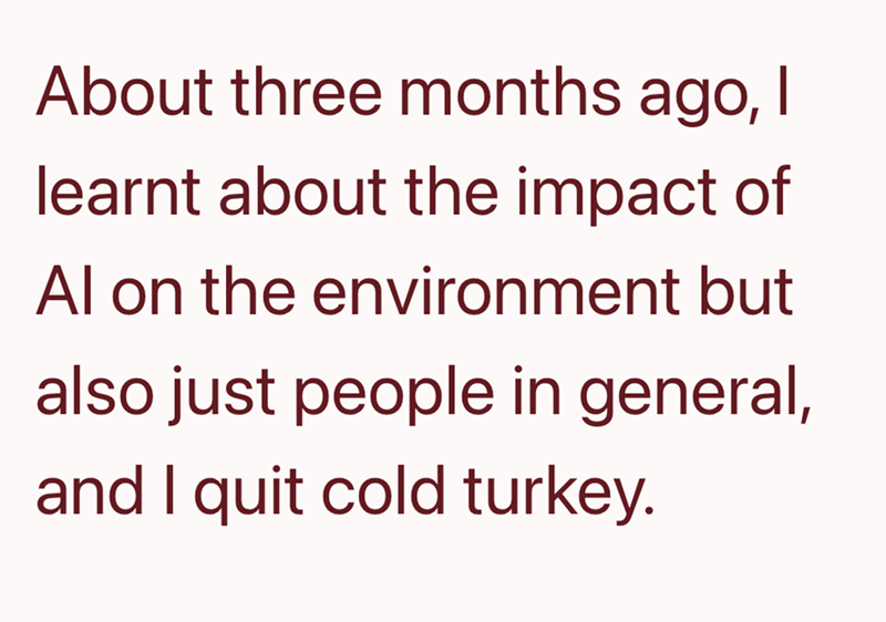 About three months ago, I learnt about the impact of Al on the environment but also just people in general, and I quit cold turkey.