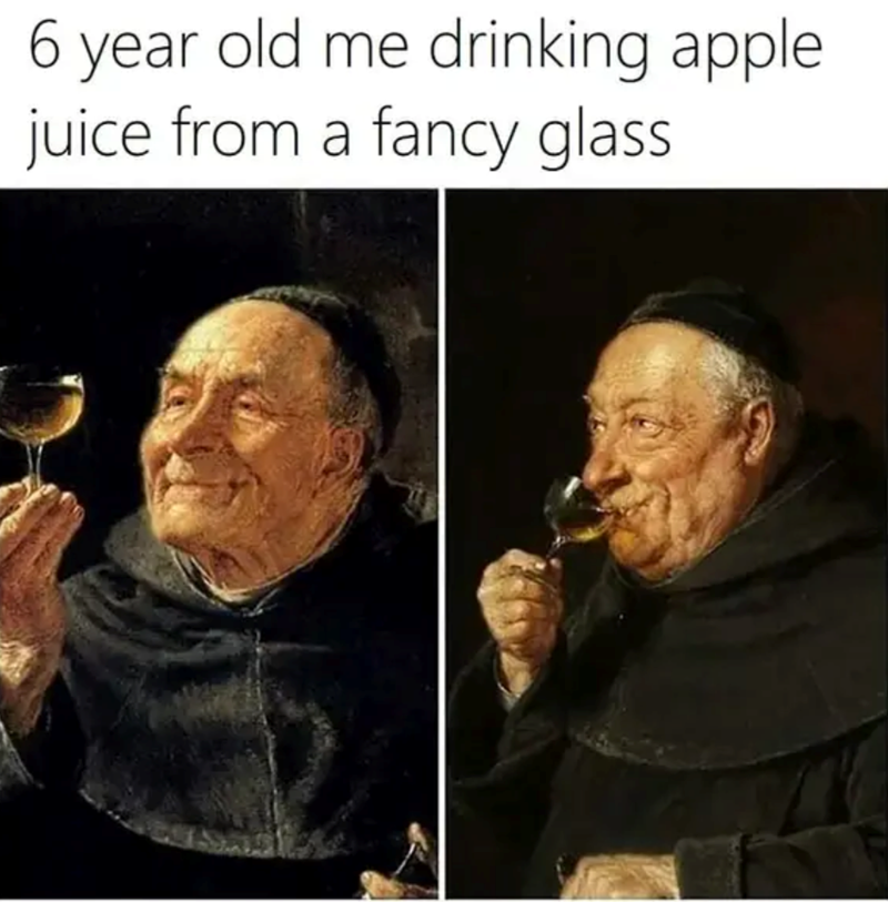 6 year old me drinking apple juice from a fancy glass