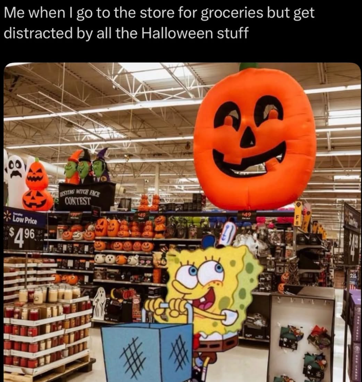 Me when I go to the store for groceries but get distracted by all the Halloween stuff 00 Low Price $196 BISTING WITCH FACE CONTEST 149 149