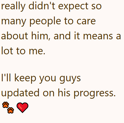 really didn't expect so many people to care about him, and it means a lot to me. I'll keep you guys updated on his progress.