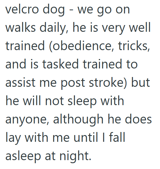 velcro dog - we go on walks daily, he is very well trained (obedience, tricks, and is tasked trained to assist me post stroke) but he will not sleep with anyone, although he does lay with me until I fall asleep at night.