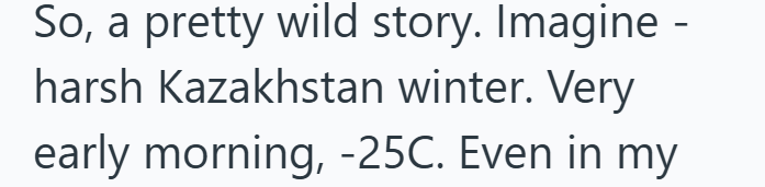 So, a pretty wild story. Imagine - harsh Kazakhstan winter. Very early morning, -25C. Even in my