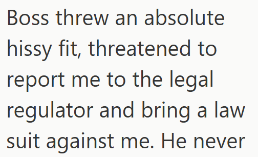 Boss threw an absolute hissy fit, threatened to report me to the legal regulator and bring a law suit against me. He never