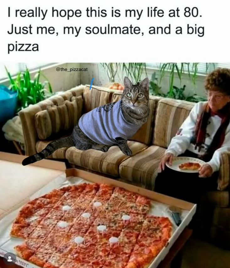 I really hope this is my life at 80. Just me, my soulmate, and a big pizza @the_pizzacat 1971