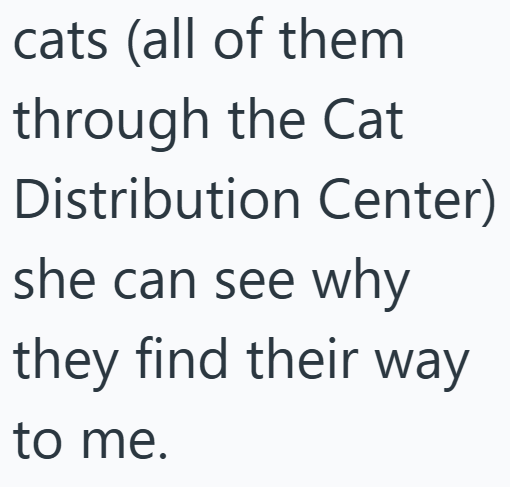 cats (all of them through the Cat Distribution Center) she can see why they find their way to me.