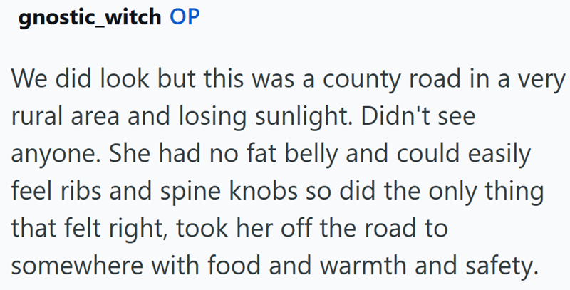 gnostic_witch OP We did look but this was a county road in a very rural area and losing sunlight. Didn't see anyone. She had no fat belly and could easily feel ribs and spine knobs so did the only thing that felt right, took her off the road to somewhere with food and warmth and safety.