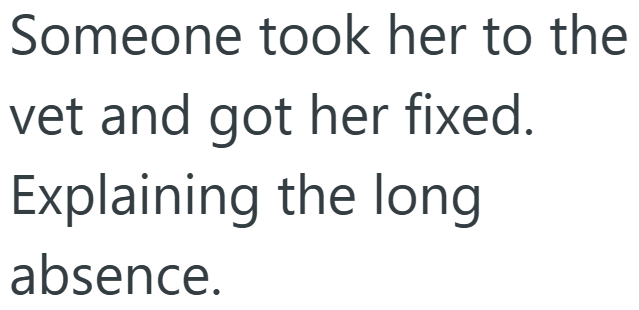 Someone took her to the vet and got her fixed. Explaining the long absence.