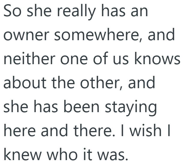 So she really has an owner somewhere, and neither one of us knows about the other, and she has been staying here and there. I wish I knew who it was.