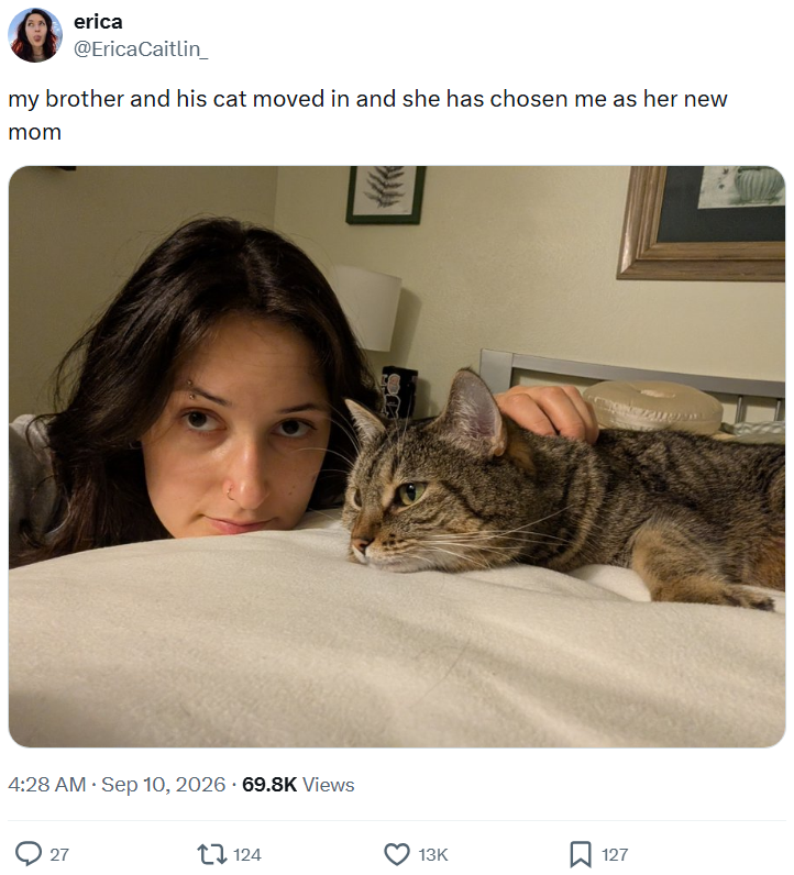 erica @EricaCaitlin_ my brother and his cat moved in and she has chosen me as her new mom 4:28 AM ⚫ Sep 10, 2026 69.8K Views 27 124 13K ☐ 127