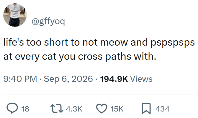 @gffyoq life's too short to not meow and pspspsps at every cat you cross paths with. 9:40 PM - Sep 6, 2026 · 194.9K Views 18 14.3K 15K ☐ 434