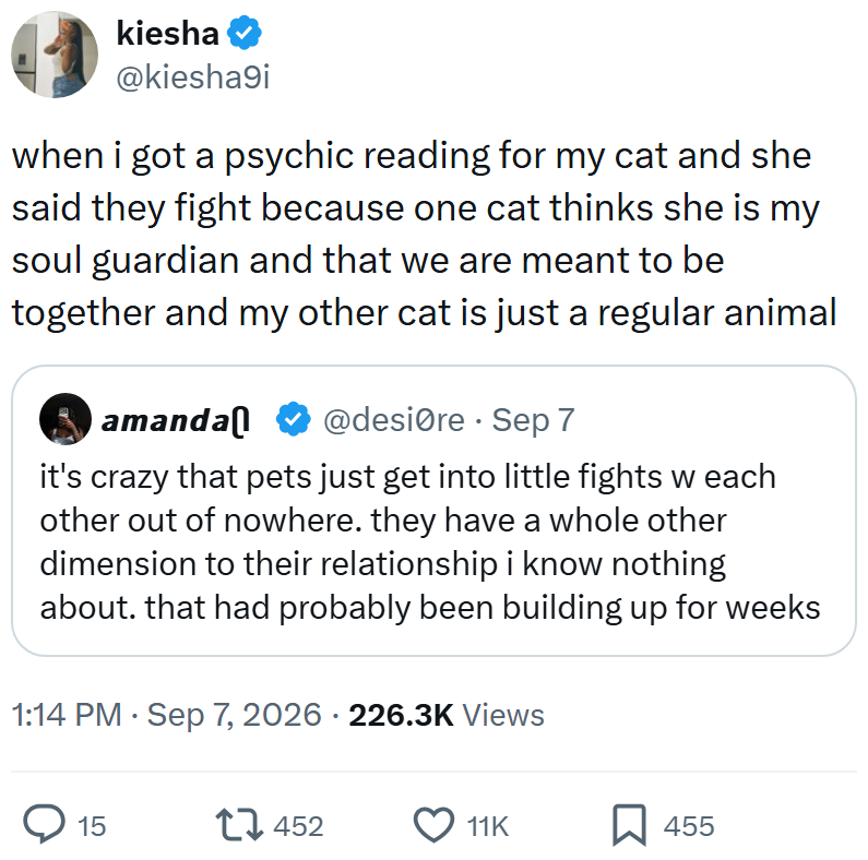 kiesha @kiesha9i when i got a psychic reading for my cat and she said they fight because one cat thinks she is my soul guardian and that we are meant to be together and my other cat is just a regular animal amanda @desiØre Sep 7 • it's crazy that pets just get into little fights w each other out of nowhere. they have a whole other dimension to their relationship i know nothing about. that had probably been building up for weeks 1:14 PM ⚫ Sep 7, 2026 · 226.3K Views > 15 1452 11K ☐ 455
