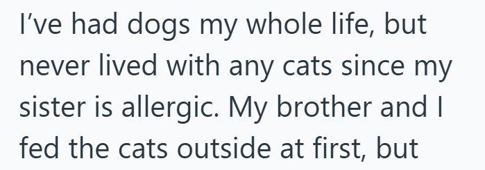 I've had dogs my whole life, but never lived with any cats since my sister is allergic. My brother and I fed the cats outside at first, but