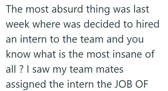 The most absurd thing was last week where was decided to hired an intern to the team and you know what is the most insane of all? I saw my team mates assigned the intern the JOB OF