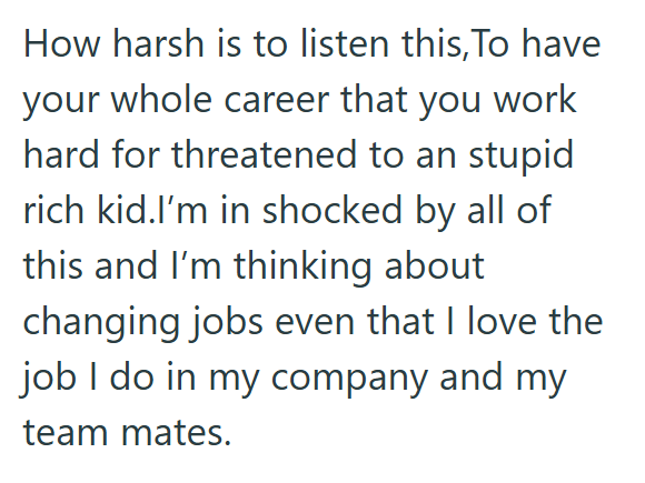 How harsh is to listen this, To have your whole career that you work hard for threatened to an stupid rich kid.I'm in shocked by all of this and I'm thinking about changing jobs even that I love the job I do in my company and my team mates.