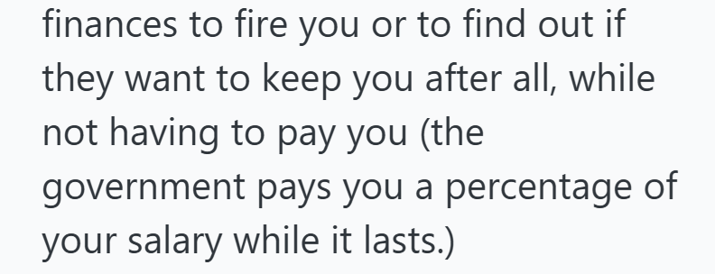 finances to fire you or to find out if they want to keep you after all, while not having to pay you (the government pays you a percentage of your salary while it lasts.)