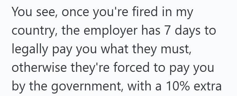 You see, once you're fired in my country, the employer has 7 days to legally pay you what they must, otherwise they're forced to pay you by the government, with a 10% extra