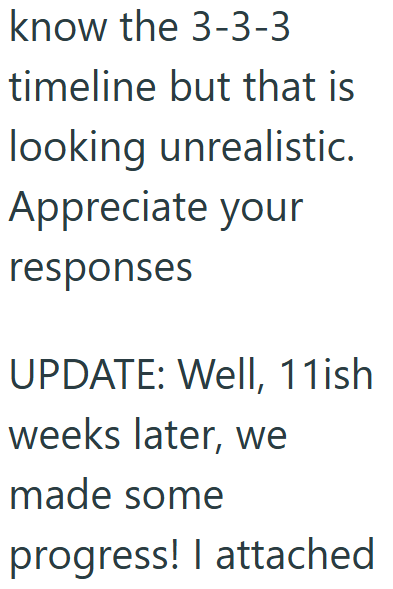 know the 3-3-3 timeline but that is looking unrealistic. Appreciate your responses UPDATE: Well, 11ish weeks later, we made some progress! I attached