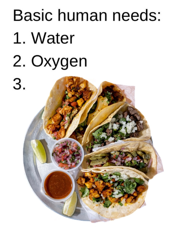 Basic human needs: 1. Water 2. Oxygen 3.