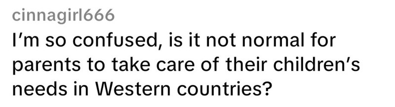 cinnagirl666 I'm so confused, is it not normal for parents to take care of their children's needs in Western countries?