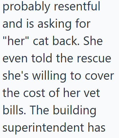 probably resentful and is asking for "her" cat back. She even told the rescue she's willing to cover the cost of her vet bills. The building superintendent has