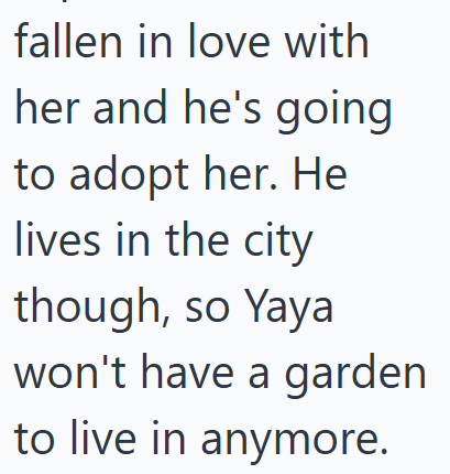 fallen in love with her and he's going to adopt her. He lives in the city though, so Yaya won't have a garden to live in anymore.