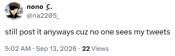 nana C. @na2205 still post it anyways cuz no one sees my tweets 5:02 AM - Sep 13, 2026 22 Views