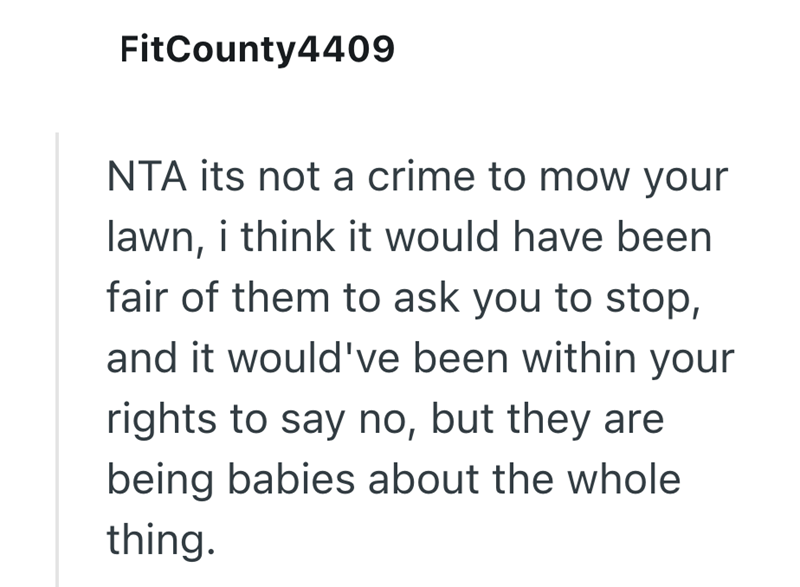 FitCounty4409 NTA its not a crime to mow your lawn, i think it would have been fair of them to ask you to stop, and it would've been within your rights to say no, but they are being babies about the whole thing.