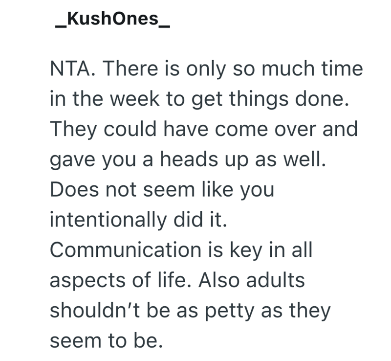 _KushOnes_ NTA. There is only so much time in the week to get things done. They could have come over and gave you a heads up as well. Does not seem like you intentionally did it. Communication is key in all aspects of life. Also adults shouldn't be as petty as they seem to be.