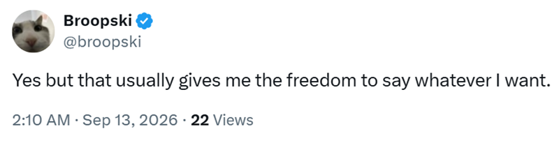 Broopski @broopski Yes but that usually gives me the freedom to say whatever I want. 2:10 AM - Sep 13, 2026 - 22 Views