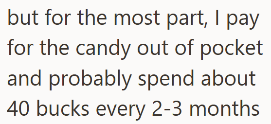 but for the most part, I pay for the candy out of pocket and probably spend about 40 bucks every 2-3 months