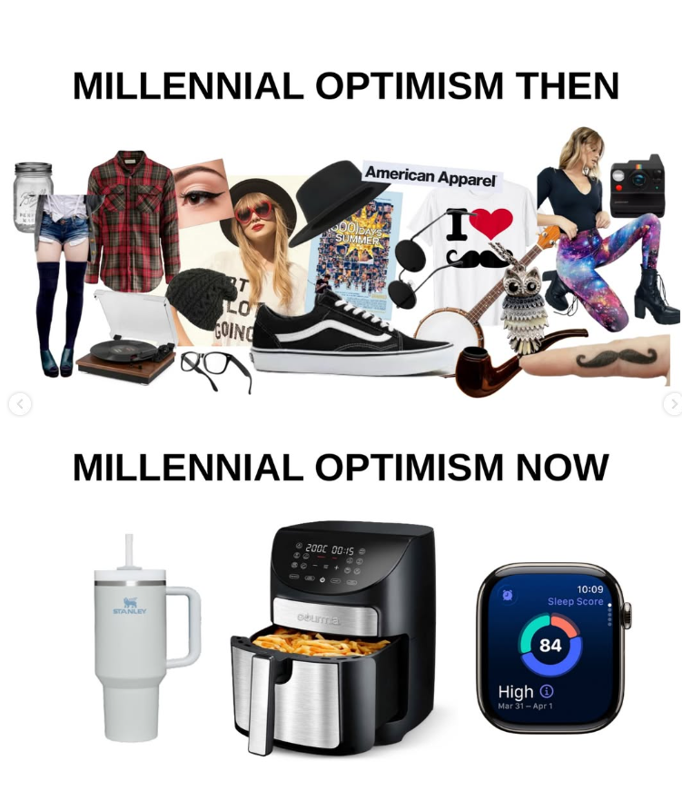MILLENNIAL OPTIMISM THEN זי LO GOING American Apparel OODA'S SUMMER I MILLENNIAL OPTIMISM NOW STANLEY 2000 00:15 99 +00 eturmia 10:09 Sleep Score 84 High O Mar 31 - Apr 1