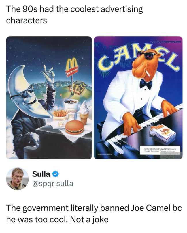 The 90s had the coolest advertising characters B M McDonald CAL SURGEON GENERAL'S WARNING C Smoke Contains Carbon Sulla @spqr_sulla The government literally banned Joe Camel bc he was too cool. Not a joke