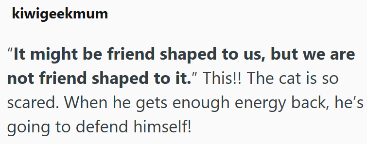 kiwigeekmum “It might be friend shaped to us, but we are not friend shaped to it." This!! The cat is so scared. When he gets enough energy back, he's going to defend himself!