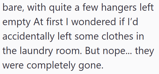 bare, with quite a few hangers left empty At first I wondered if I'd accidentally left some clothes in the laundry room. But nope... they were completely gone.
