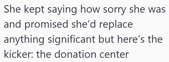 She kept saying how sorry she was and promised she'd replace anything significant but here's the kicker: the donation center