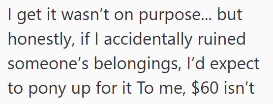 I get it wasn't on purpose... but honestly, if I accidentally ruined someone's belongings, I'd expect to pony up for it To me, $60 isn't
