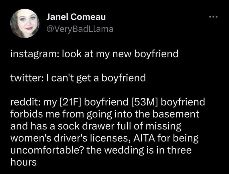 Janel Comeau @VeryBadLlama instagram: look at my new boyfriend twitter: I can't get a boyfriend reddit: my [21F] boyfriend [53M] boyfriend forbids me from going into the basement and has a sock drawer full of missing women's driver's licenses, AITA for being uncomfortable? the wedding is in three hours 800