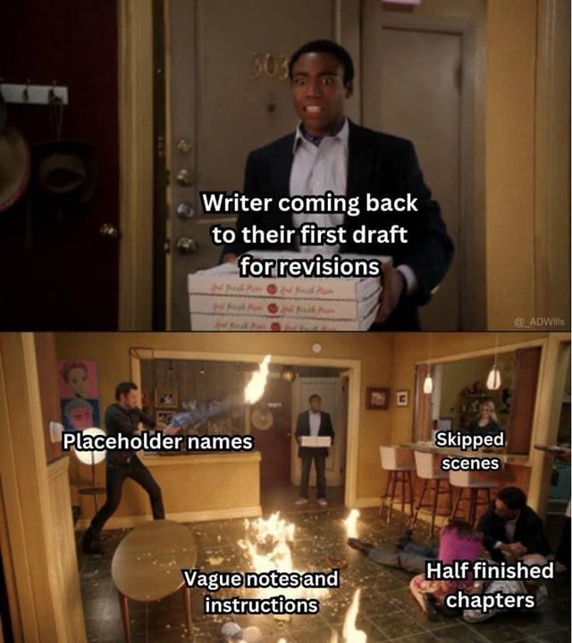 144 303 Writer coming back to their first draft for revisions Placeholder names Vague notes and instructions L ADWills Skipped scenes Half finished chapters