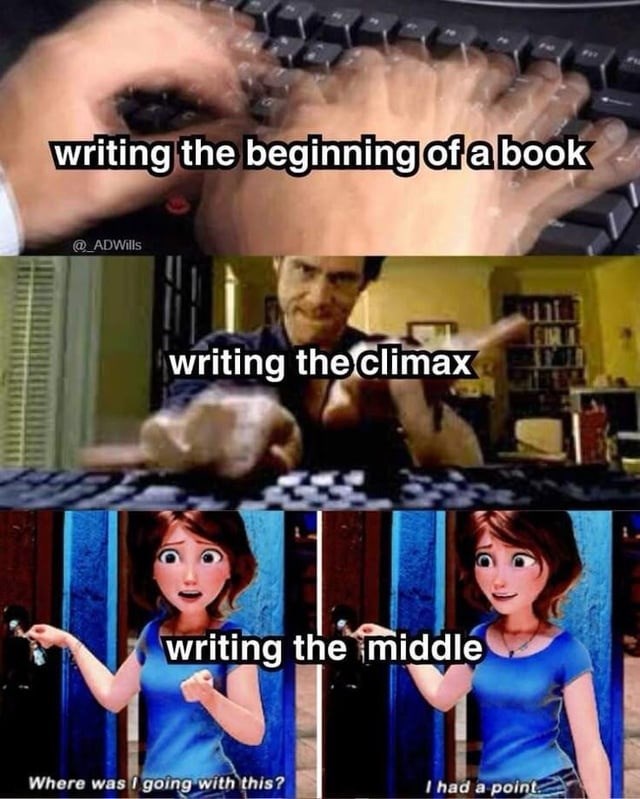 2 writing the beginning of a book @_ADWills writing the climax writing the middle Where was I going with this? I had a point